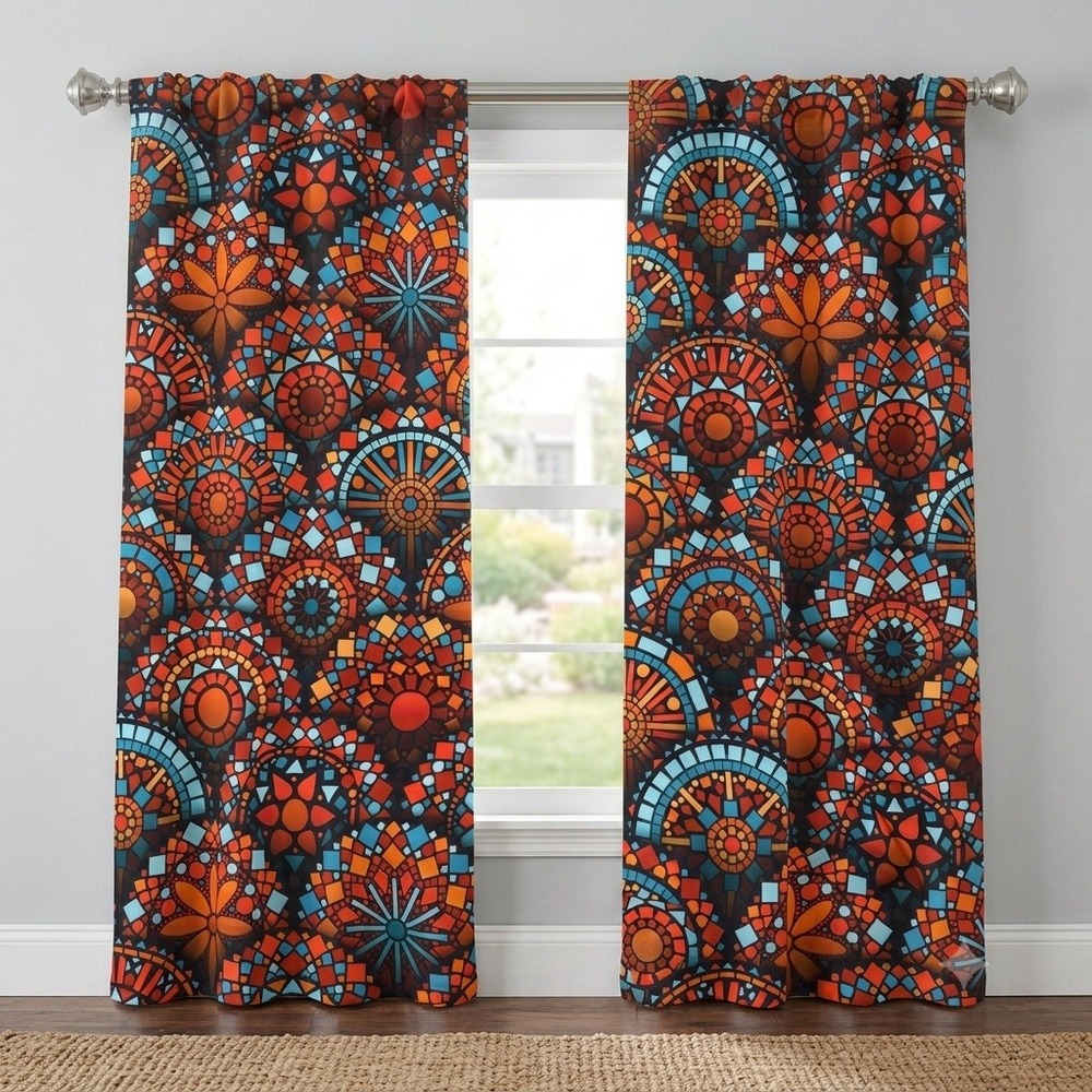 Ambesonne Mosaic Mandala Window Curtains 2 Panel Set Orange Turquoise 56x84 NEW
